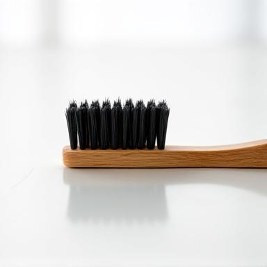 A minimalist bamboo toothbrush with charcoal bristles.