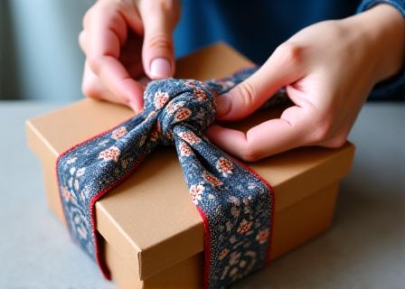 Hands elegantly tying a furoshiki cloth around a gift box.