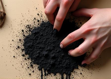 Close-up of raw soot and binder being mixed to create traditional 'sumi' ink.